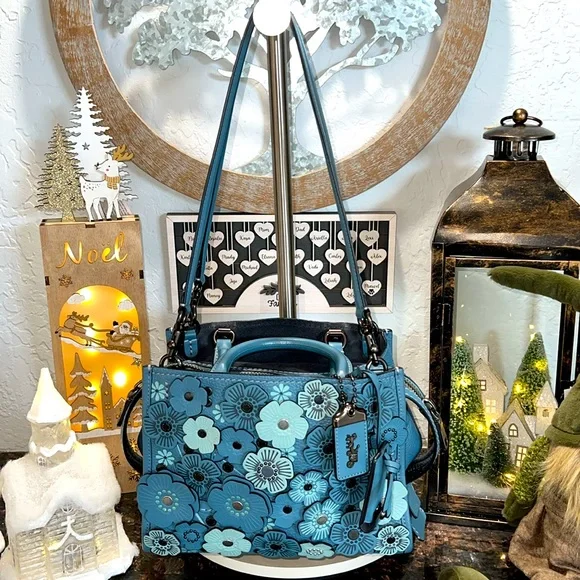 COACH#58840 BLUE TEA ROSE APPLIQUE ROGUE SATCHEL - Picture 3 of 17